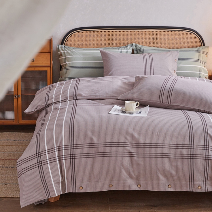 91家纺网 家纺一手货源 找家纺 棉乐町 2025新款32支精梳棉老粗布四件套 大格-咖