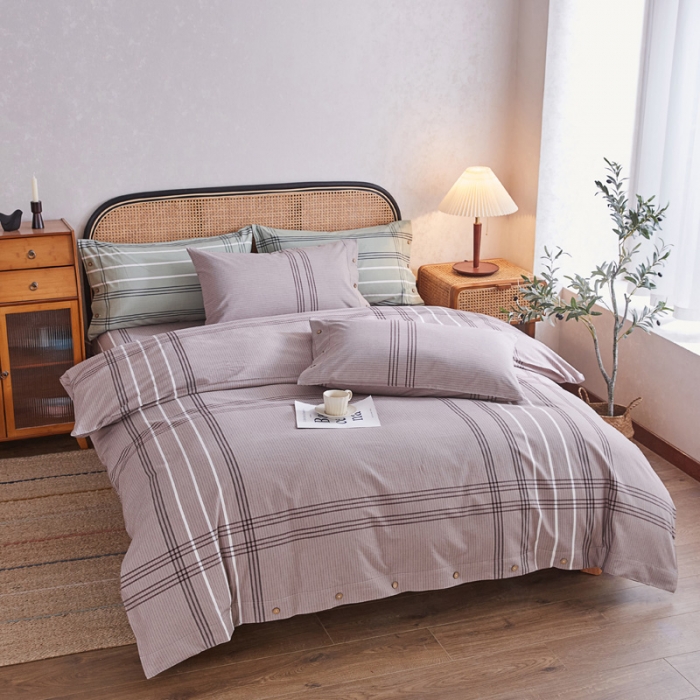 91家纺网 家纺一手货源 找家纺 棉乐町 2025新款32支精梳棉老粗布四件套 大格-咖