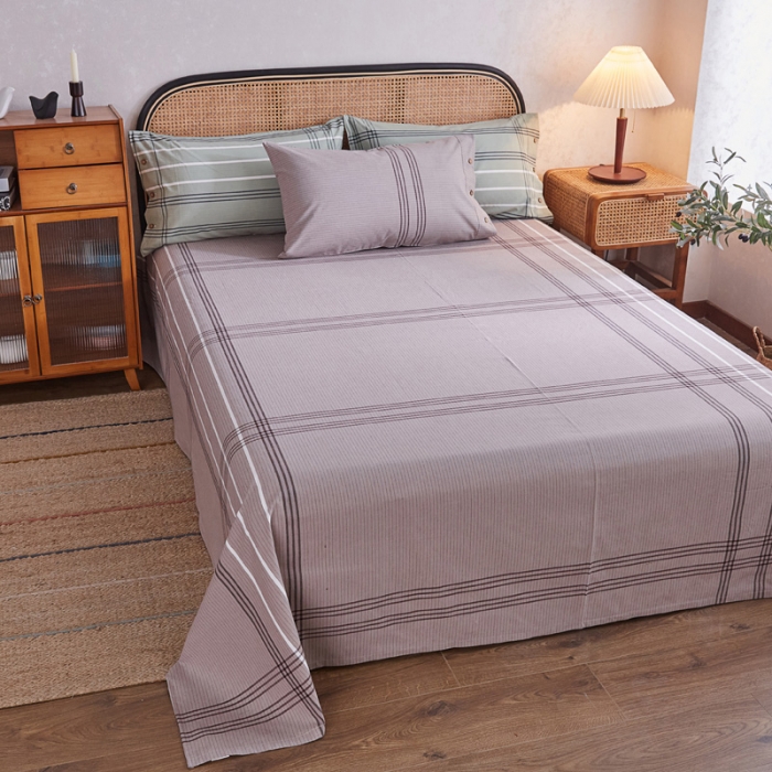 91家纺网 家纺一手货源 找家纺 棉乐町 2025新款32支精梳棉老粗布四件套 大格-咖