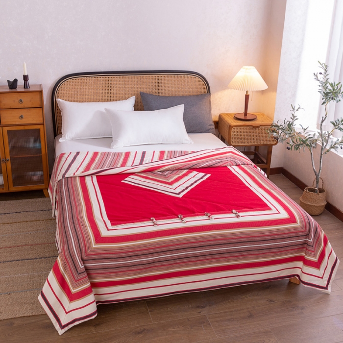 91家纺网 家纺一手货源 找家纺 棉乐町 2025新款全棉老粗布棉花夏被 复古盘扣-红