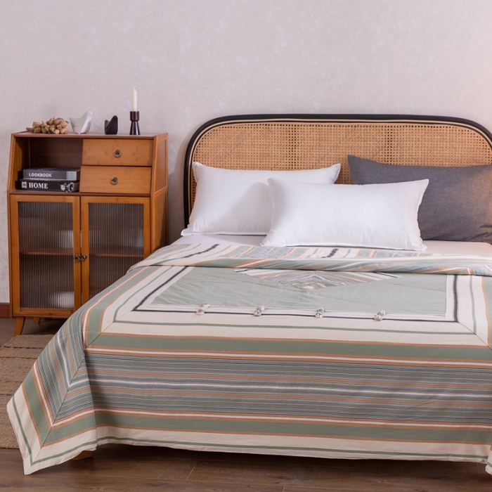 91家纺网 家纺一手货源 找家纺 棉乐町 2025新款全棉老粗布棉花夏被 复古盘扣-绿