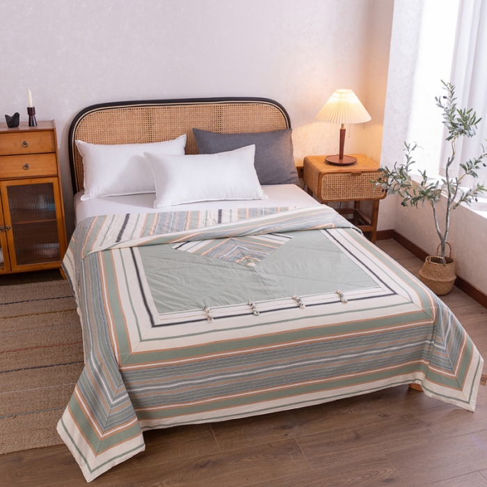 91家纺网 家纺一手货源 找家纺 棉乐町 2025新款全棉老粗布棉花夏被 复古盘扣-绿