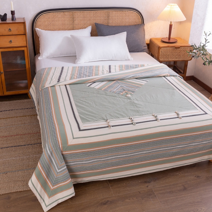 91家纺网 家纺一手货源 找家纺 棉乐町 2025新款全棉老粗布棉花夏被 复古盘扣-绿