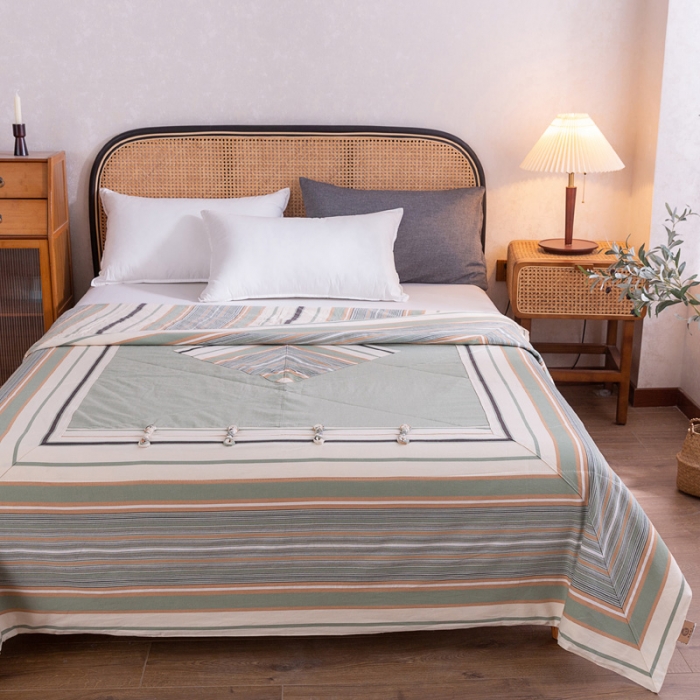 91家纺网 家纺一手货源 找家纺 棉乐町 2025新款全棉老粗布棉花夏被 复古盘扣-绿