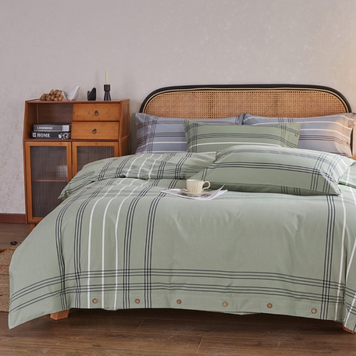 91家纺网 家纺一手货源 找家纺 首爱家纺 2025新款32支精梳棉老粗布四件套 大格-绿