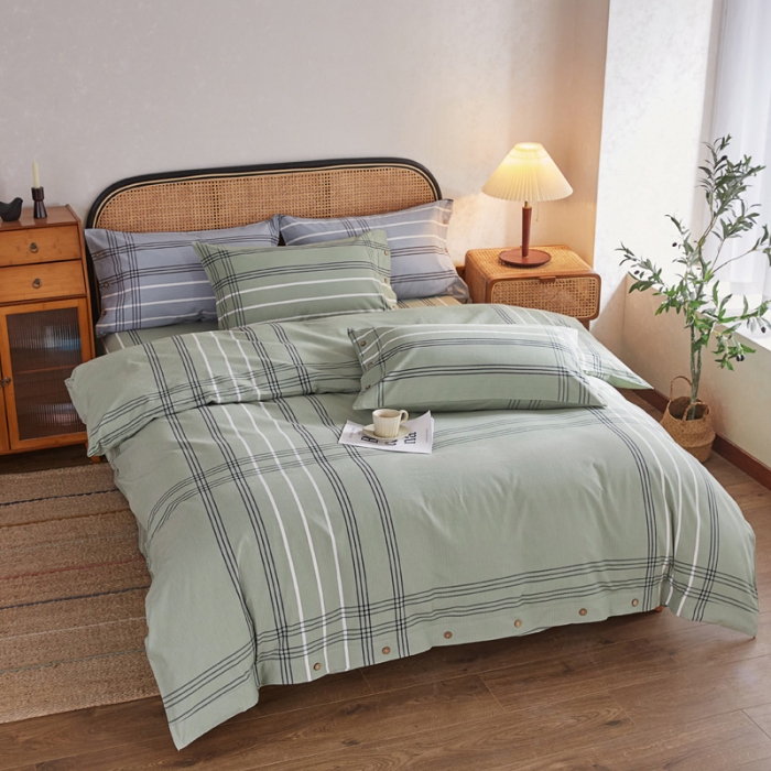 91家纺网 家纺一手货源 找家纺 首爱家纺 2025新款32支精梳棉老粗布四件套 大格-绿