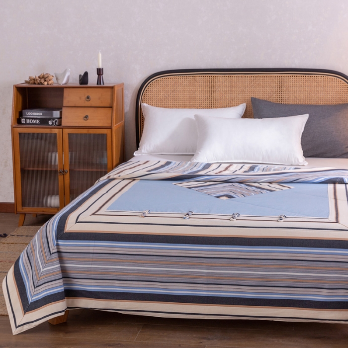 91家纺网 家纺一手货源 找家纺 首爱家纺 2025新款全棉老粗布棉花夏被 复古盘扣-蓝