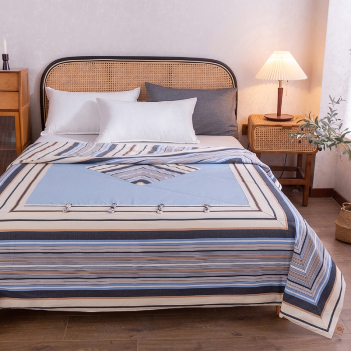 91家纺网 家纺一手货源 找家纺 首爱家纺 2025新款全棉老粗布棉花夏被 复古盘扣-蓝