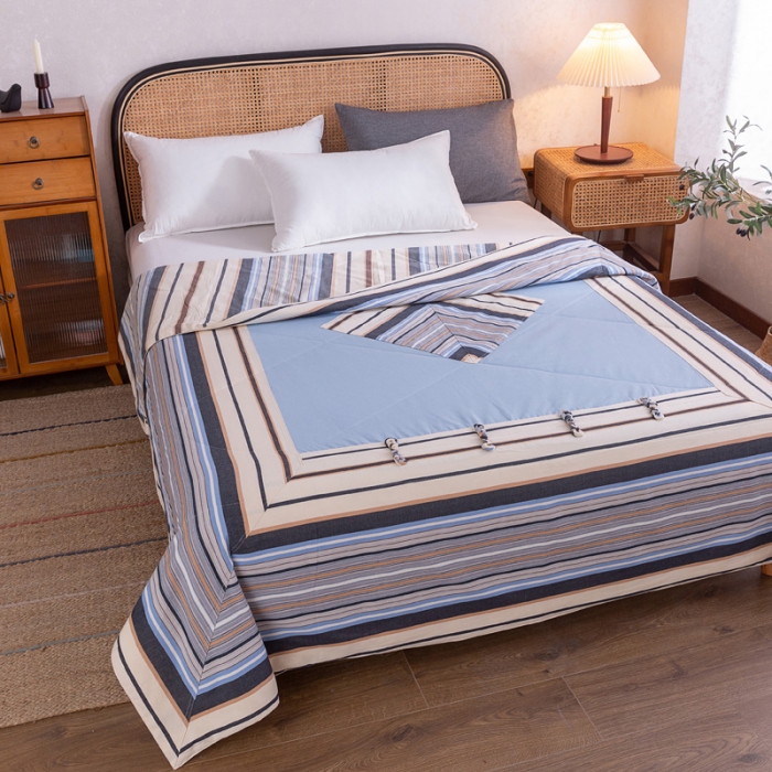 91家纺网 家纺一手货源 找家纺 首爱家纺 2025新款全棉老粗布棉花夏被 复古盘扣-蓝