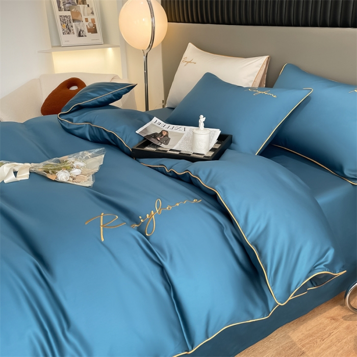 91家纺网 家纺一手货源 找家纺 慕色 2023新款60支长绒棉轻奢刺绣四件套 轻奢-宝石蓝