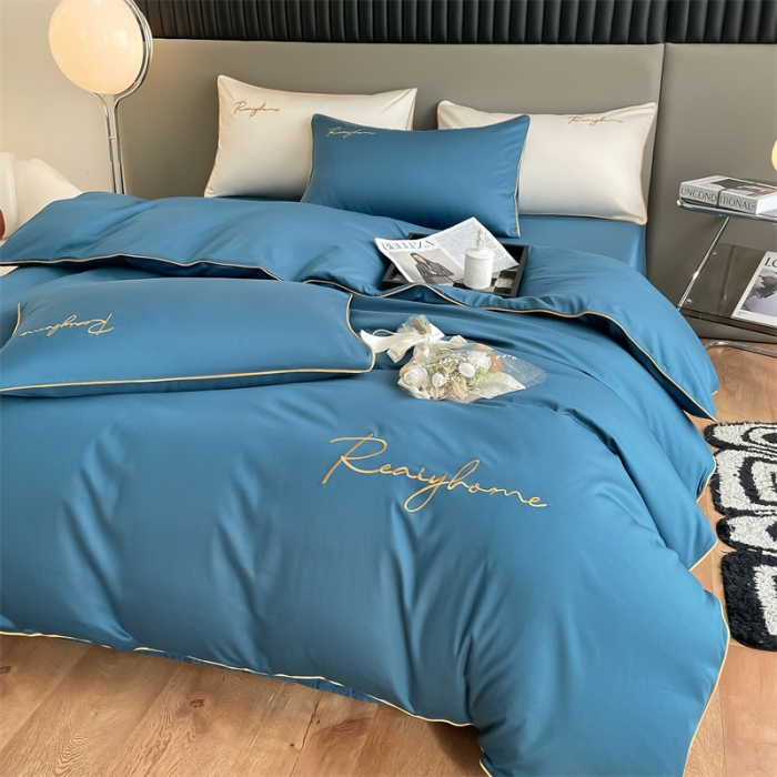 91家纺网 家纺一手货源 找家纺 慕色 2023新款60支长绒棉轻奢刺绣四件套 轻奢-宝石蓝