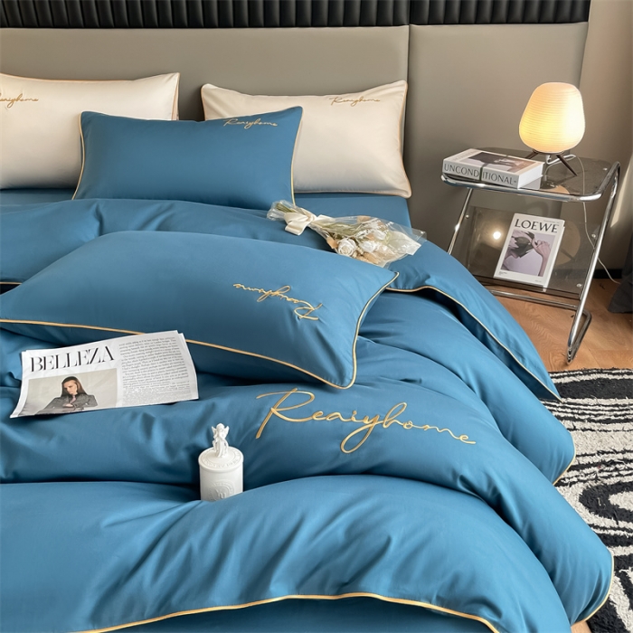 91家纺网 家纺一手货源 找家纺 慕色 2023新款60支长绒棉轻奢刺绣四件套 轻奢-宝石蓝