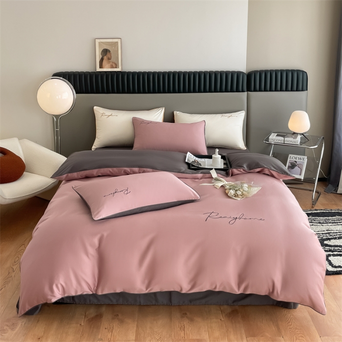 91家纺网 家纺一手货源 找家纺 慕色 2023新款60支长绒棉轻奢刺绣四件套 轻奢-豆沙+深灰