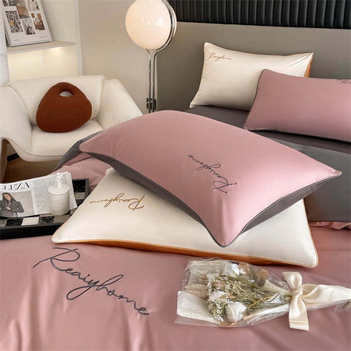 91家纺网 家纺一手货源 找家纺 慕色 2023新款60支长绒棉轻奢刺绣四件套 轻奢-豆沙+深灰