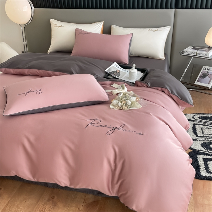 91家纺网 家纺一手货源 找家纺 慕色 2023新款60支长绒棉轻奢刺绣四件套 轻奢-豆沙+深灰