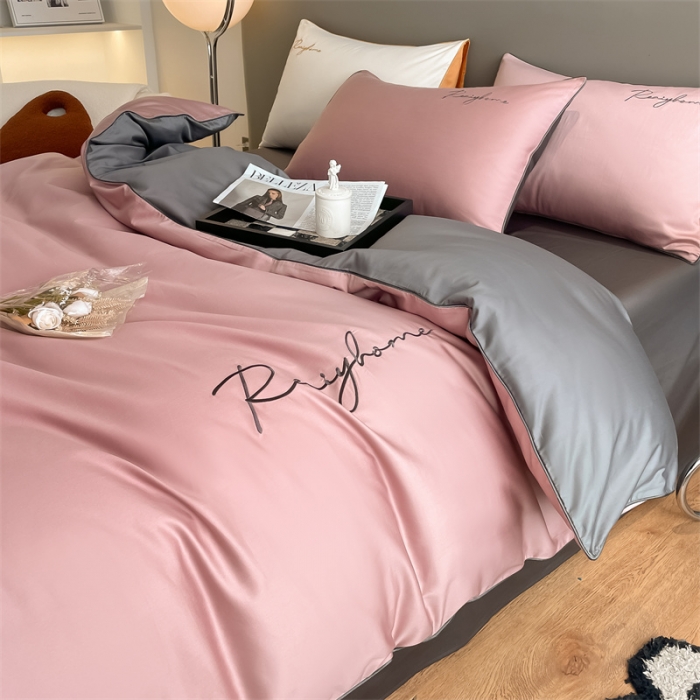 91家纺网 家纺一手货源 找家纺 慕色 2023新款60支长绒棉轻奢刺绣四件套 轻奢-豆沙+深灰