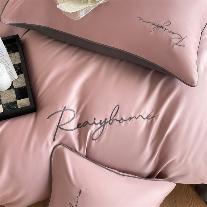 91家纺网 家纺一手货源 找家纺 慕色 2023新款60支长绒棉轻奢刺绣四件套 轻奢-豆沙+深灰