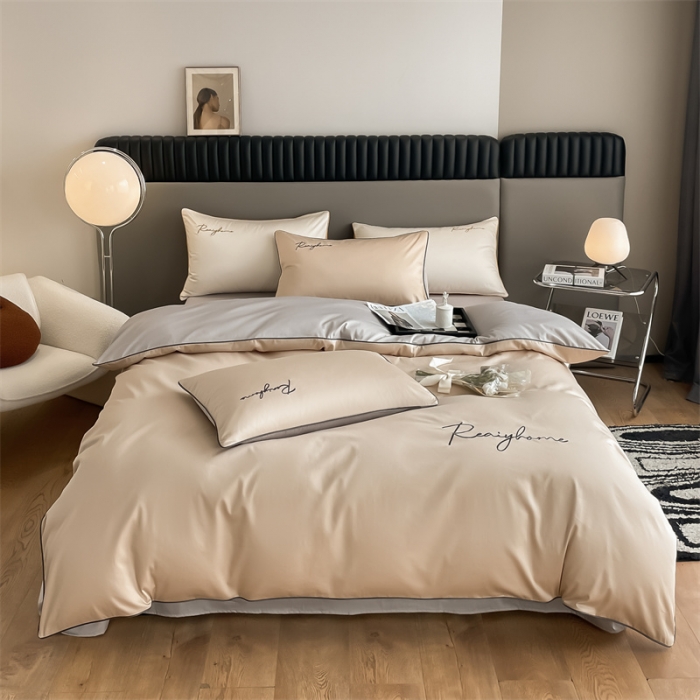 91家纺网 家纺一手货源 找家纺 慕色 2023新款60支长绒棉轻奢刺绣四件套 轻奢-奶茶+山灰