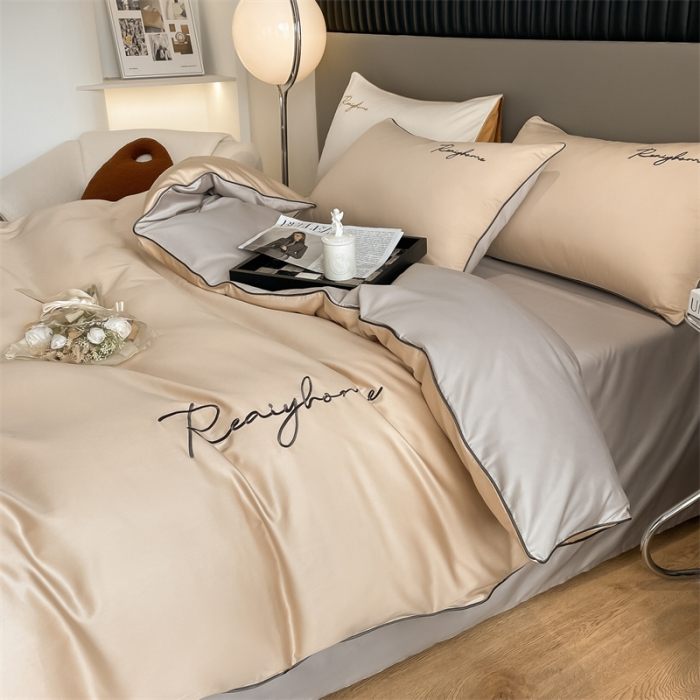 91家纺网 家纺一手货源 找家纺 慕色 2023新款60支长绒棉轻奢刺绣四件套 轻奢-奶茶+山灰