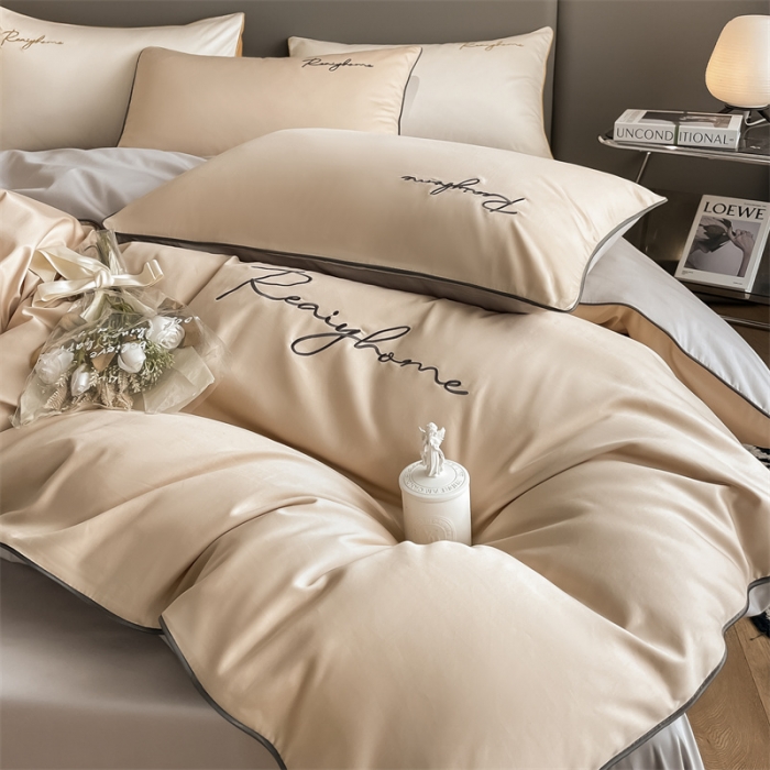 91家纺网 家纺一手货源 找家纺 慕色 2023新款60支长绒棉轻奢刺绣四件套 轻奢-奶茶+山灰