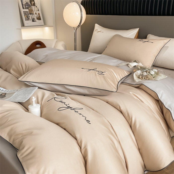 91家纺网 家纺一手货源 找家纺 慕色 2023新款60支长绒棉轻奢刺绣四件套 轻奢-奶茶+山灰