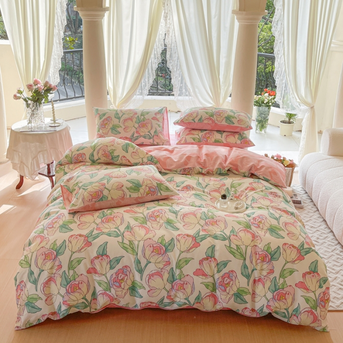 91家纺网 家纺一手货源 找家纺 星巴k家纺2023新款全棉13372花卉印花简约卡通款多规格四件套花影