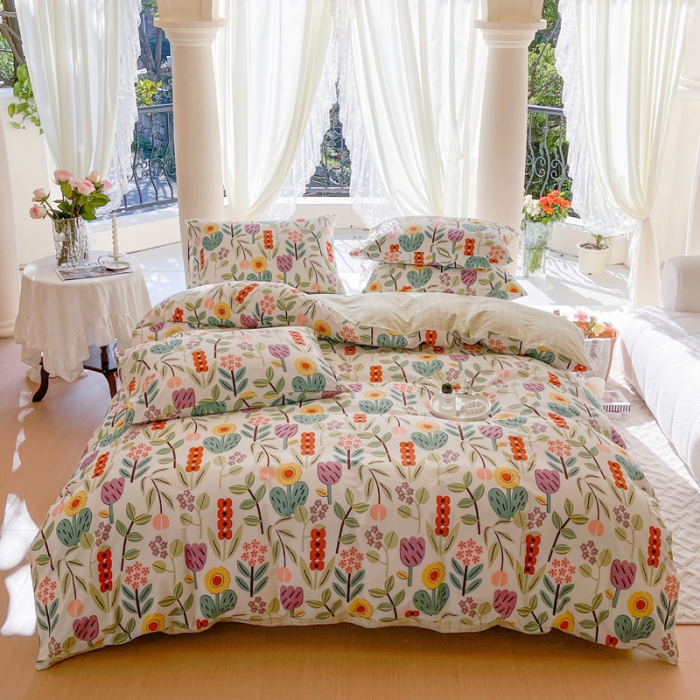 91家纺网 家纺一手货源 找家纺 星巴k家纺2023新款全棉13372花卉印花简约卡通款多规格四件套梨木