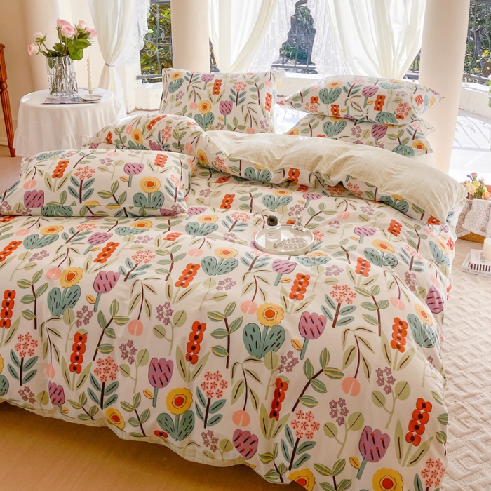 91家纺网 家纺一手货源 找家纺 星巴k家纺2023新款全棉13372花卉印花简约卡通款多规格四件套梨木