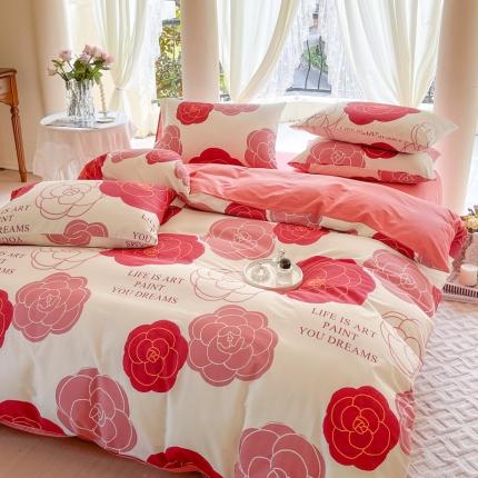 91家纺网 家纺一手货源 找家纺 星巴k家纺2023新款全棉13372花卉印花简约卡通款多规格四件套玫瑰