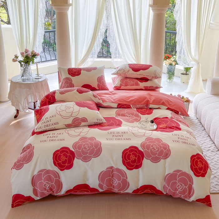 91家纺网 家纺一手货源 找家纺 星巴k家纺2023新款全棉13372花卉印花简约卡通款多规格四件套玫瑰