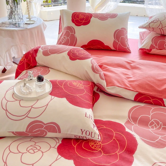 91家纺网 家纺一手货源 找家纺 星巴k家纺2023新款全棉13372花卉印花简约卡通款多规格四件套玫瑰