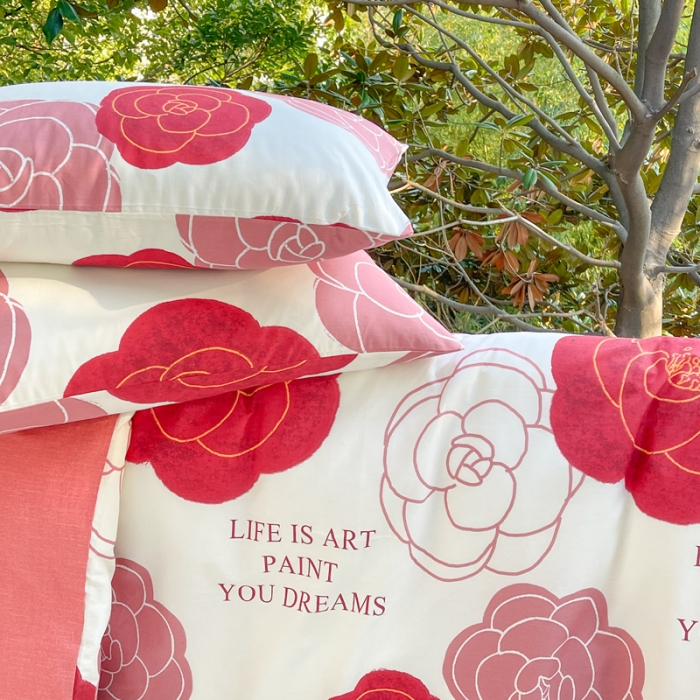 91家纺网 家纺一手货源 找家纺 星巴k家纺2023新款全棉13372花卉印花简约卡通款多规格四件套玫瑰