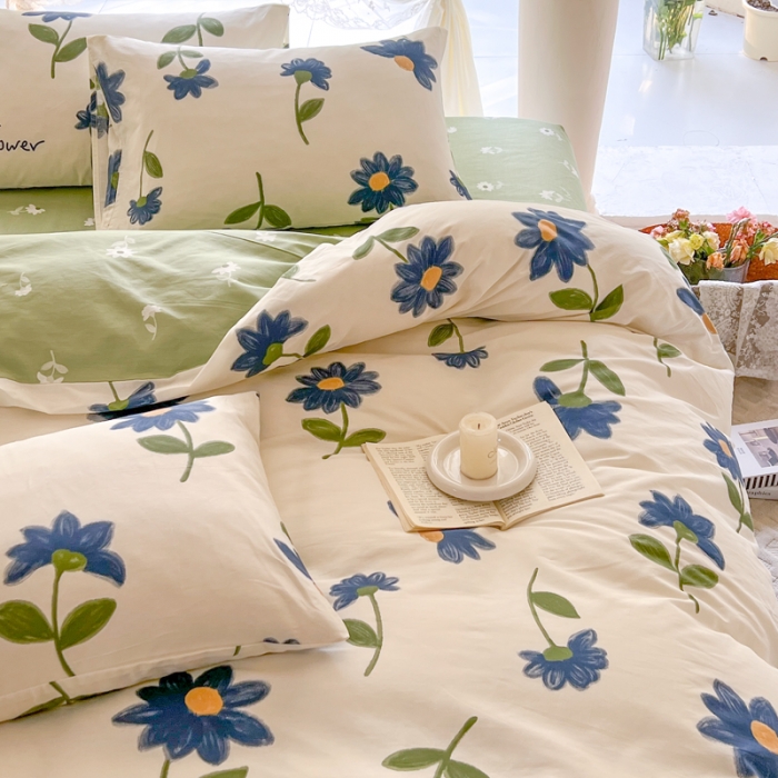 91家纺网 家纺一手货源 找家纺 星巴k家纺2023新款全棉13372花卉印花简约卡通款多规格四件套墨染