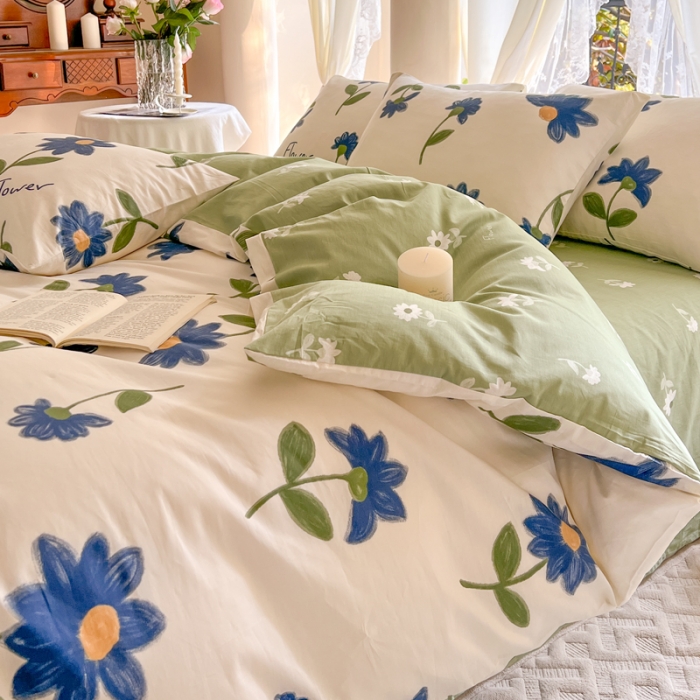 91家纺网 家纺一手货源 找家纺 星巴k家纺2023新款全棉13372花卉印花简约卡通款多规格四件套墨染