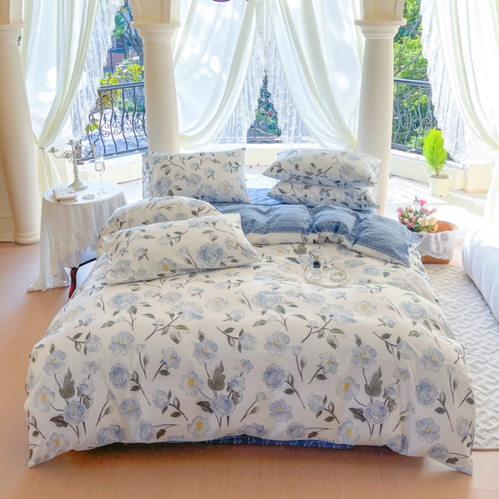 91家纺网 家纺一手货源 找家纺 星巴k家纺2023新款全棉13372花卉印花简约卡通款多规格四件套清风