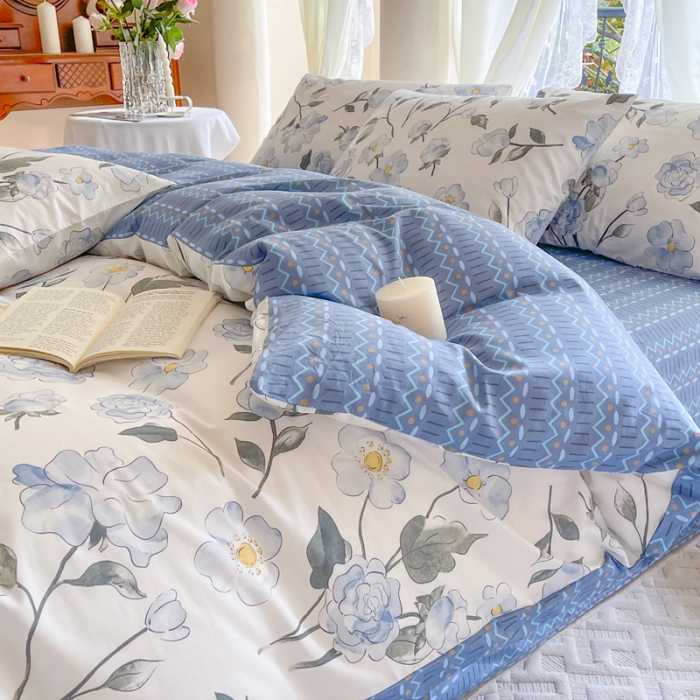 91家纺网 家纺一手货源 找家纺 星巴k家纺2023新款全棉13372花卉印花简约卡通款多规格四件套清风