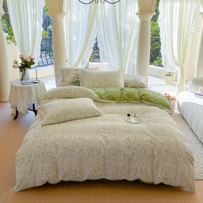 91家纺网 家纺一手货源 找家纺 星巴k家纺2023新款全棉13372花卉印花简约卡通款多规格四件套晚风