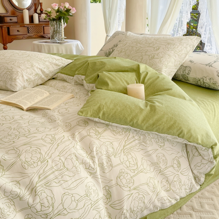 91家纺网 家纺一手货源 找家纺 星巴k家纺2023新款全棉13372花卉印花简约卡通款多规格四件套晚风