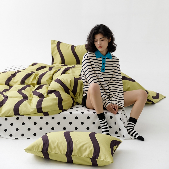 91家纺网 家纺一手货源 找家纺 雅居纺 2023新款13070黑白系全棉四件套 梵音-绿