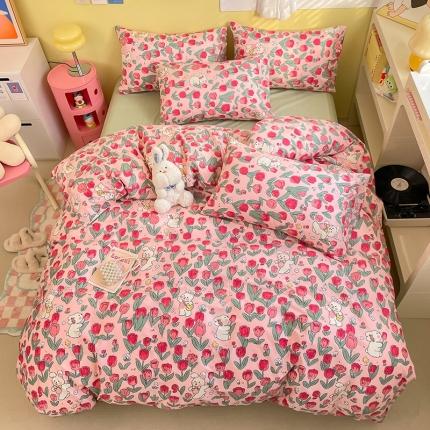 91家纺网 家纺一手货源 找家纺 雅居纺 2023新款全棉13070小清新四件套 小红花兔子