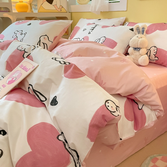 91家纺网 家纺一手货源 找家纺 雅居纺 2023新款全棉13070小清新四件套 爱心小兔