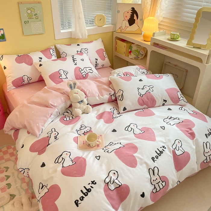 91家纺网 家纺一手货源 找家纺 雅居纺 2023新款全棉13070小清新四件套 爱心小兔