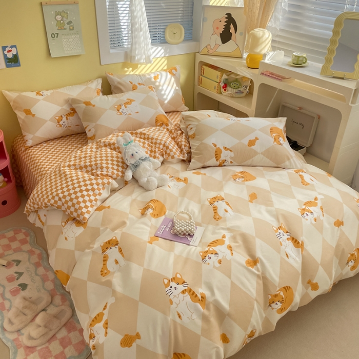 91家纺网 家纺一手货源 找家纺 雅居纺 2023新款全棉13070小清新四件套 菱格猫