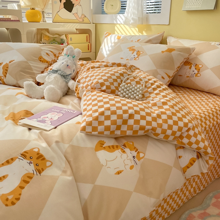 91家纺网 家纺一手货源 找家纺 雅居纺 2023新款全棉13070小清新四件套 菱格猫