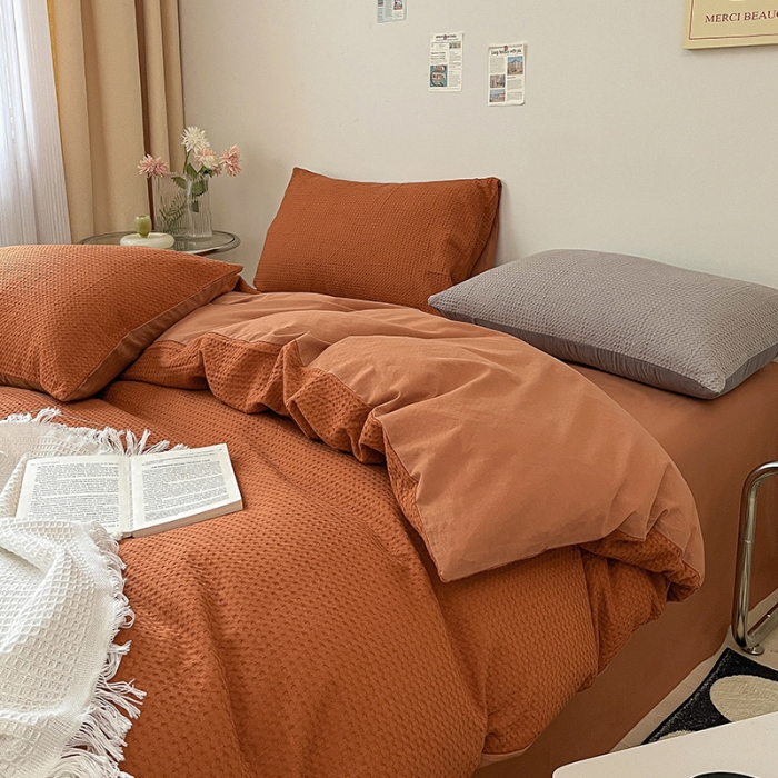 91家纺网 家纺一手货源 找家纺 雅居纺 2023新款全棉华夫格四件套 华夫格焦糖