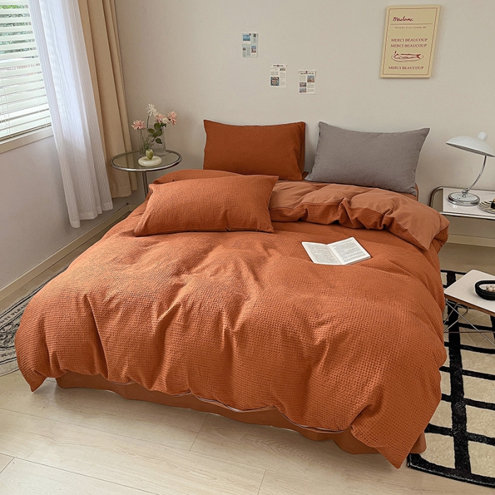 91家纺网 家纺一手货源 找家纺 雅居纺 2023新款全棉华夫格四件套 华夫格焦糖