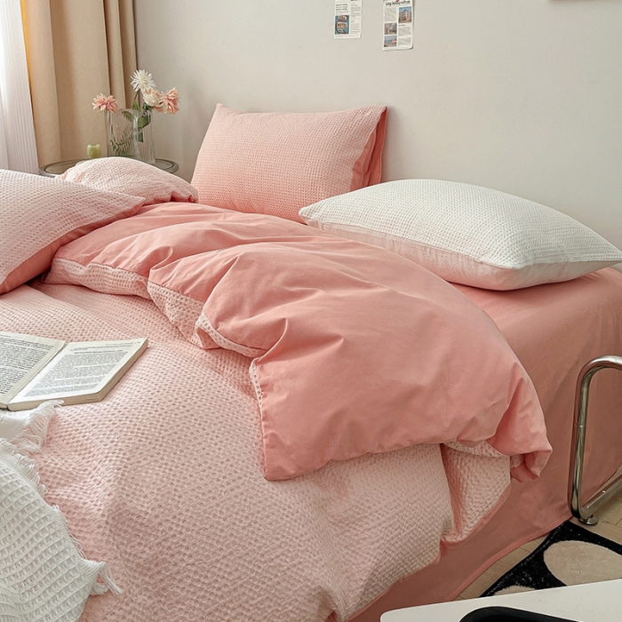 91家纺网 家纺一手货源 找家纺 雅居纺 2023新款全棉华夫格四件套 华夫格柔粉