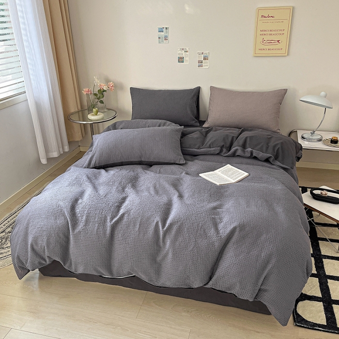 91家纺网 家纺一手货源 找家纺 雅居纺 2023新款全棉华夫格四件套 华夫格深灰