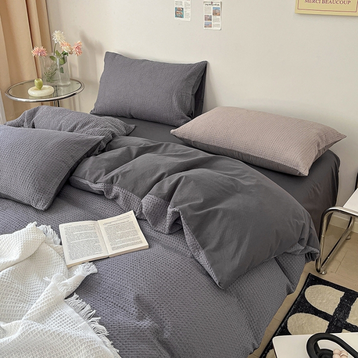 91家纺网 家纺一手货源 找家纺 雅居纺 2023新款全棉华夫格四件套 华夫格深灰