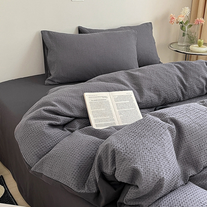 91家纺网 家纺一手货源 找家纺 雅居纺 2023新款全棉华夫格四件套 华夫格深灰